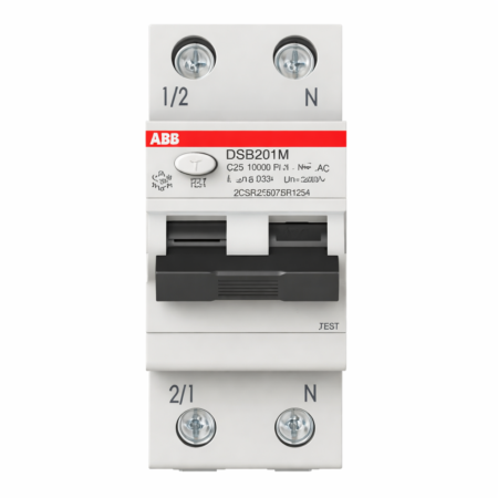 ABB DSB201M AC-C25 0.03 RCBO 25A 30mA 1P+N Residual Current Circuit Breaker Front View