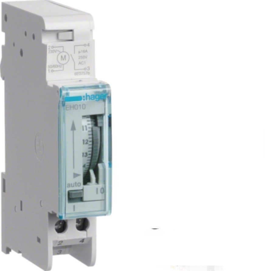 Hager EH010 time switch Hager EH010 daily time switch, 1 channel, 16A, 1 module, DIN rail mount timer for lighting control
