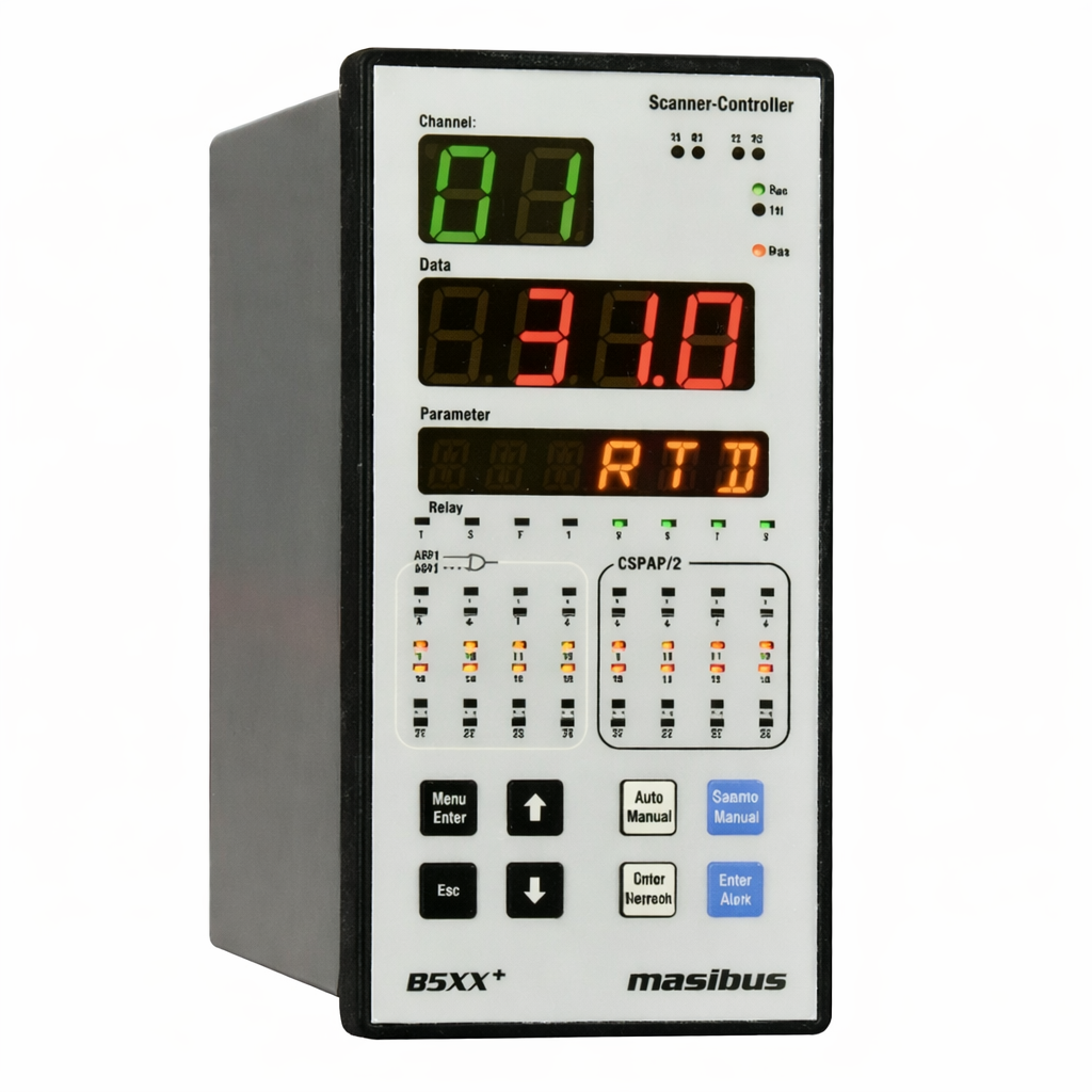 Masibus 85xx+ Temperature scanner with 16 channel input and 8 relay output Masibus 85xx+ temperature scanner cum controller with 16 channel input, 8 relay output and Modbus communication
