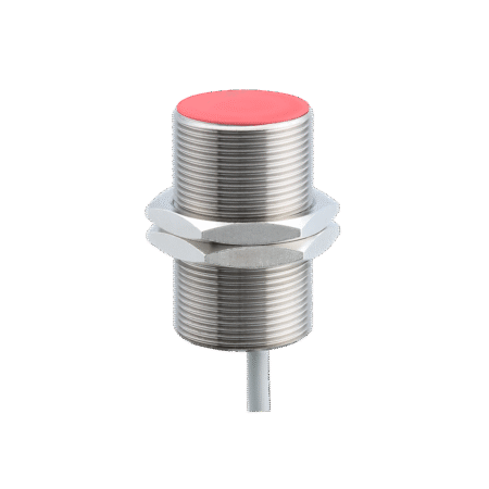 Baumer IGYX 30P17B3/L inductive proximity switch with metal cylindrical body and red sensing face