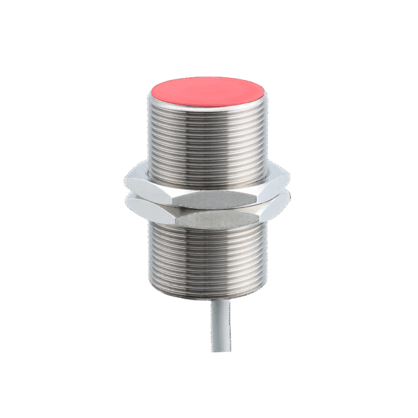 Baumer IGYX 30P17B3/L inductive proximity switch with metal cylindrical body and red sensing face